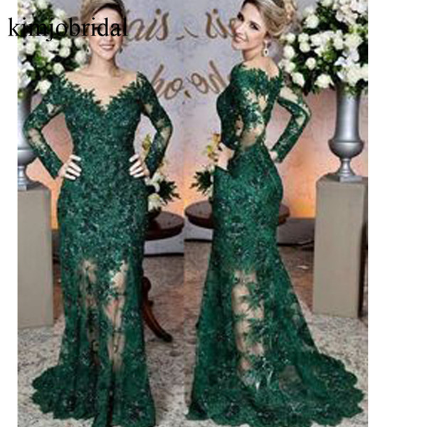 Green Prom Dresses Long Sleeve Lace V Neck Mermaid Sheer Lace Evening Dresses Vestidos de Fiesta Arabic Evening Gowns