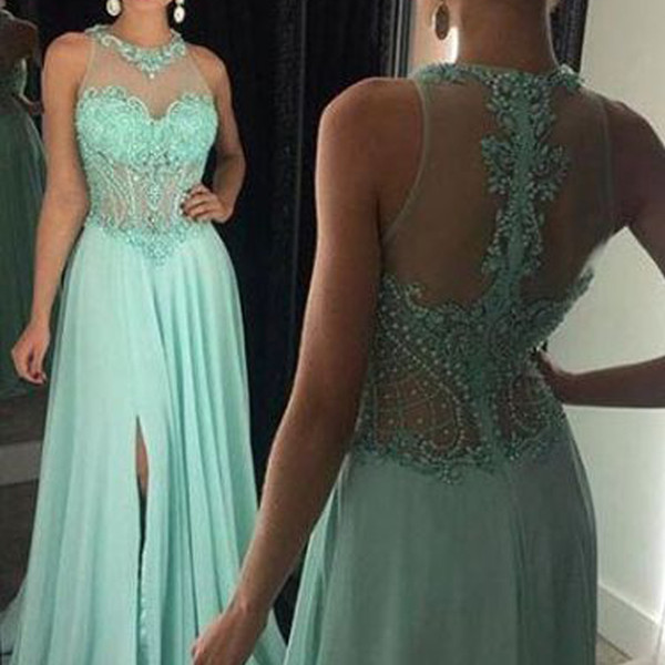 Green Prom Dresses Lace Appliques Beaded Sequins A Line Chiffon Floor Length Side Slit Evening Dresses Gowns