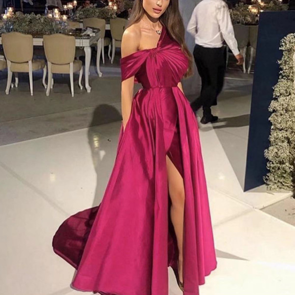 burgundy prom dresses one shoulder pleats side slit a line satin evening dresses gowns vestidos de fiesta