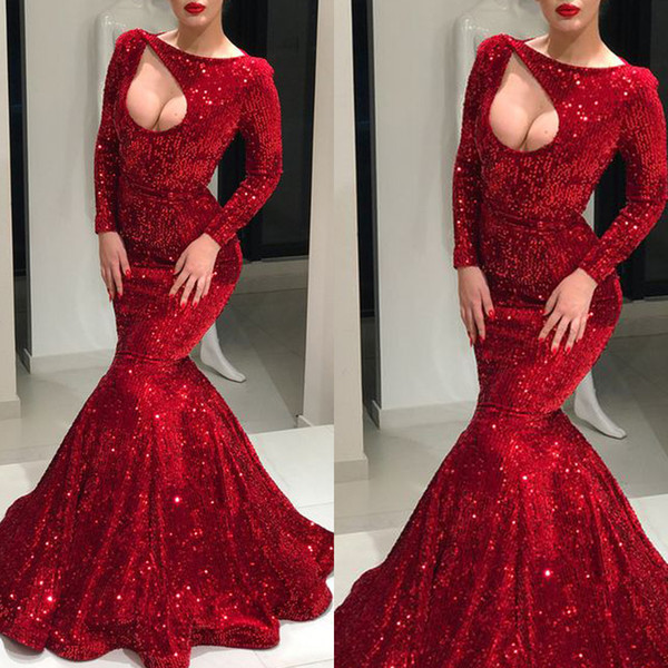 red prom dresses keyhole crew neckline sequins sparkly evening dress mermaid arabic party formal dresses vestidos de fiesta