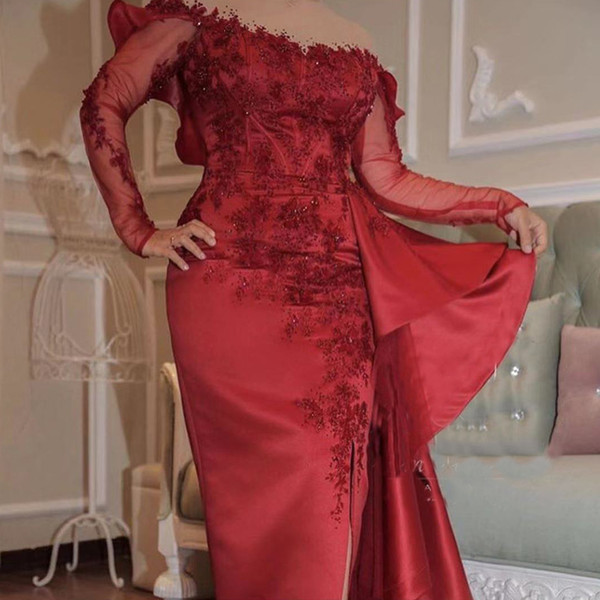 red prom dresses sheer crew neckline lace appliques beading sequins organza sheath long sleeve evening dresses