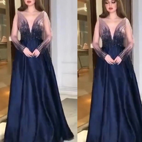 navy blue prom dresses deep v neck long sleeve crystal beading sequins a line evening dresses arabic party dresses