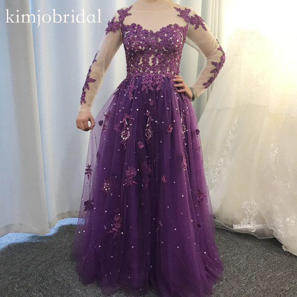 Real Picture Prom Dresses Long Sleeve Lace Appliques Beaded Sequins Tulle Floor Length Evening Gowns Arabic