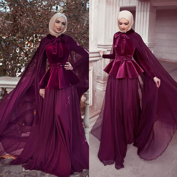 Muslim Prom Dresses High Neck Velvet Wine Red A Line Chiffon Long Sleeve Evening Dresses Arabic Formal Dresses