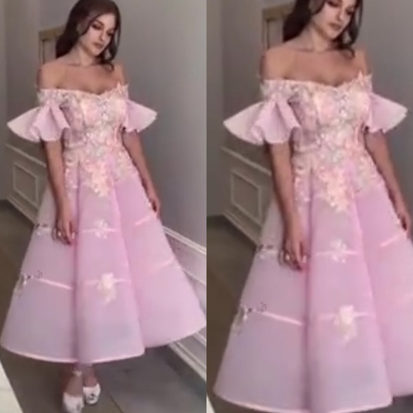 pink prom dresses v neck off the shoulder lace appliques beaded crystal a line tea length evening dresses vestidos de festa longo