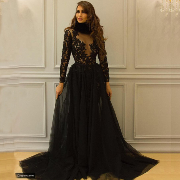 Arabic Prom Dresses Black Lace Appliques Long Transparent Sleeve Tulle Chiffon Floor Length Sheer Evening Dresses Gowns