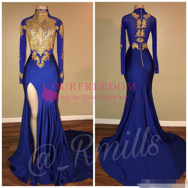 Hot Sale Arabic Gold Appliques High Collar Prom Dresses Mermaid Vintage Long Sleeves Sexy High Thigh Split Black Girls Evening Gowns