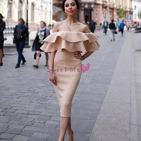 Strapless Sheath Cocktail Dresses With Ruffles Short Sleeves Tea Length Prom Gowns Evening Dress Backless Dance Homecoming Ball Gown