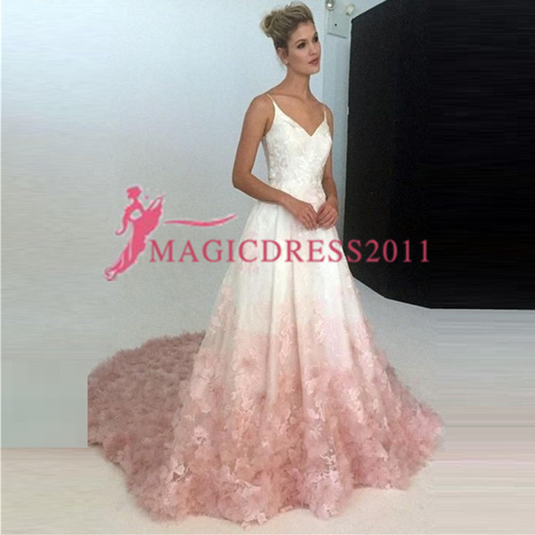 Pink and white Prom Dress Illusion V Neckline Organza Lace Appliques/Ruffle/Beads Sheer Back Spaghetti straps Evening Dresses