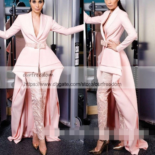 Blush Pink New Fashion Prom Dresses Skirt with Pants Pink Special Long Sleeves Court Train Design Jumpsuits Formal Evening Gowns