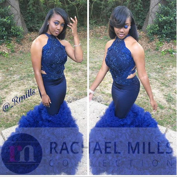 2017 Black Girl Royal Blue Prom Evening Dresses Mermaid High Neck Open Back Tiered Skirts Long Formal Celebrity Gowns Dress for Party