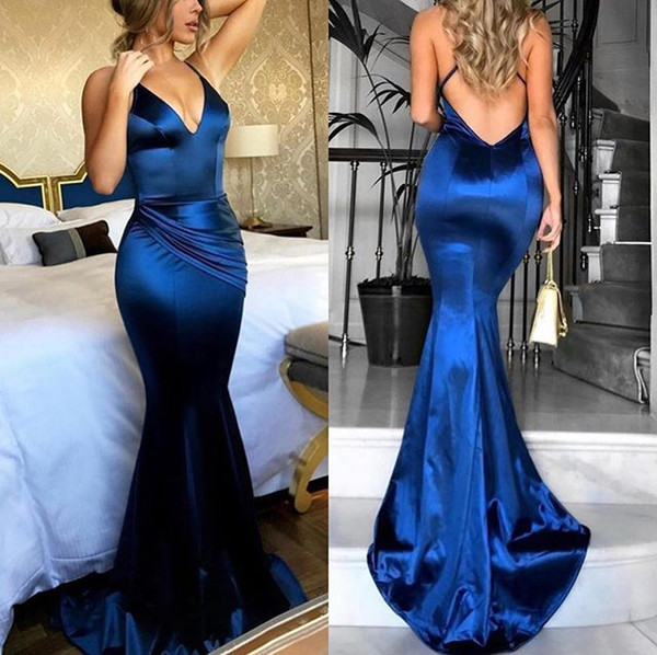 New Elegant Spaghetti Straps Prom Dresses Sexy Backless Elastic Slik Like Satin Formal Evening Occasion Dresses Custom Made