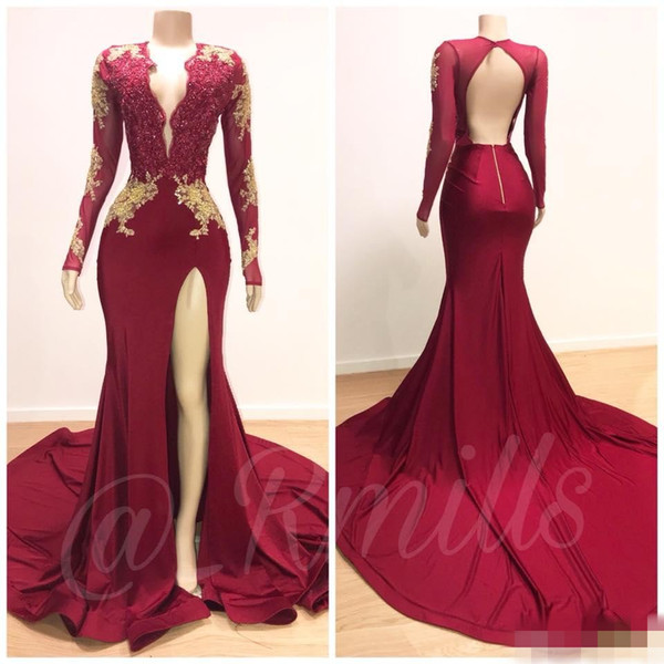 Dark Red Sexy Mermaid Prom Dresses V Neck Long Sleeves Sequined Beaded Special Occasion Dresses Formal Evening Dresses Wear Vestidos