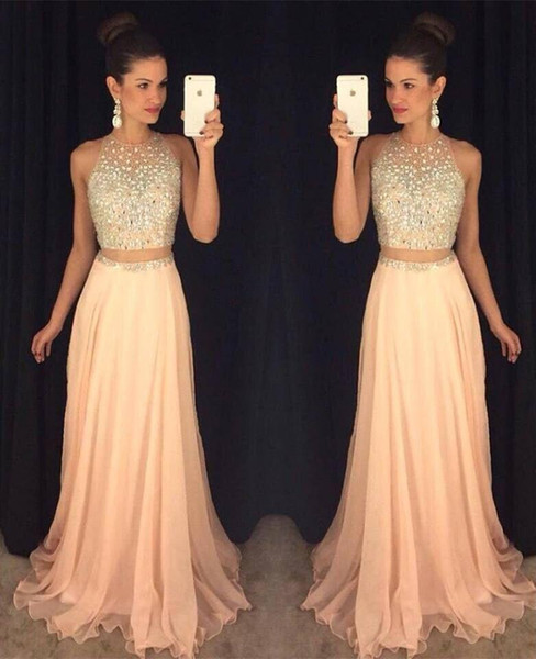 2016 New Cheap Two Pieces Prom Dresses Jewel Neck Yellow Peach Chiffon Long Crystal Beads 2 Pieces Open Back Party Dress Evening Gowns