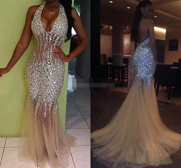 Sexy Bling Mermaid Prom Dresses Deep V Neck Halter Crystal Beaded Tulle See Through Backless Nude Evening Gowns Pageant Dresses