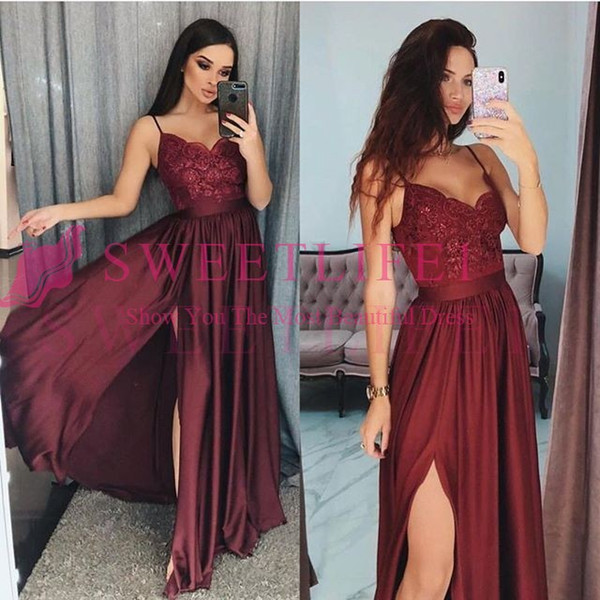 Maroon Burgundy Spaghetti Straples Prom Dresses Lace Side Split Elastic Satin A Line Formal Evening Occasion Dresses Custom Made Hot