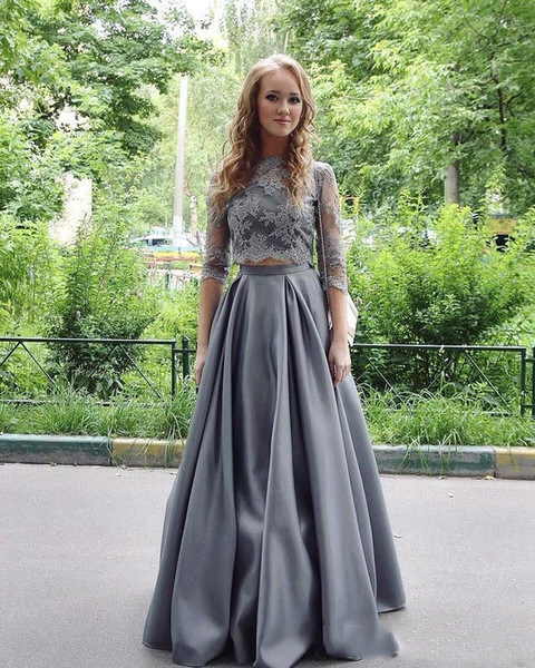 Elegant Silver Formal Two Pieces Prom Dresses A Line Lace Applique Beads Crew Neck Half Sleeves Floor Length Evening Gowns Cheap