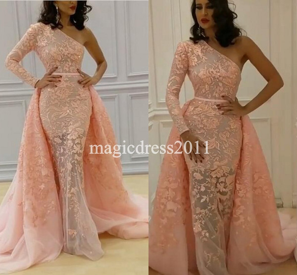 Charming 2K17 Orange Prom Evening Dresses with Long Train Mermaid One-Shoulder Illusion Bodice Lace Formal Celebrity Gowns for Party Wear