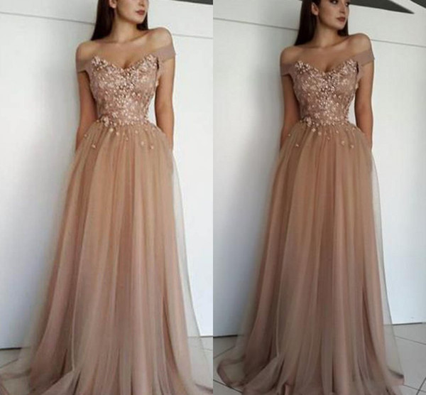 Elegant Champagne Tulle Off The Shoulder Prom Dresses Appliques Pearls Dubai Arabic Style Formal Evening Party Gown Custom Made