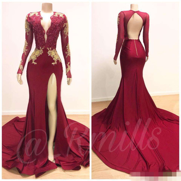 Black Dark Red Mermaid Prom Dresses V Neck Long Sleeves Sequined Beaded Special Occasion Dresses Formal Evening Dresses Wear Vestidos