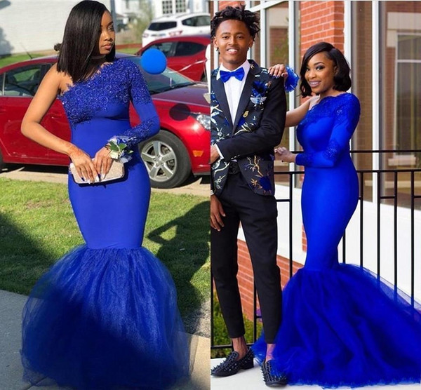 Sexy Royal Blue One Shoulder South African Prom dresses With Long Sleeves Appliqued Custom Made Formal Dresses Evening Wear