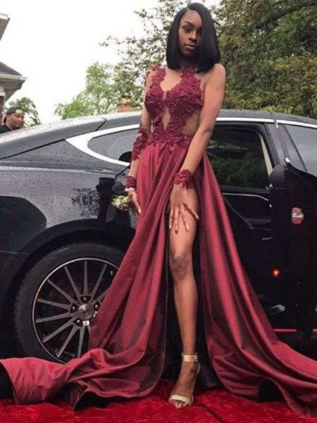 Black Girls Long Sleeve Prom Dresses Burgundy Sexy Side Split A Line Lace Appliques Formal Evening Occasion Party Dresses Custom Made