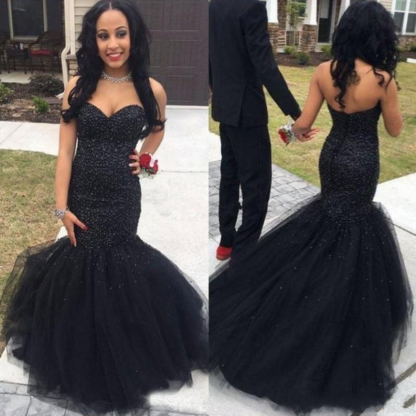 Stylish Black Mermaid Prom Dresses Beaded Sweetheart Neck Sequined Evening Gowns Sweep Train Tulle Plus Size Party Dress