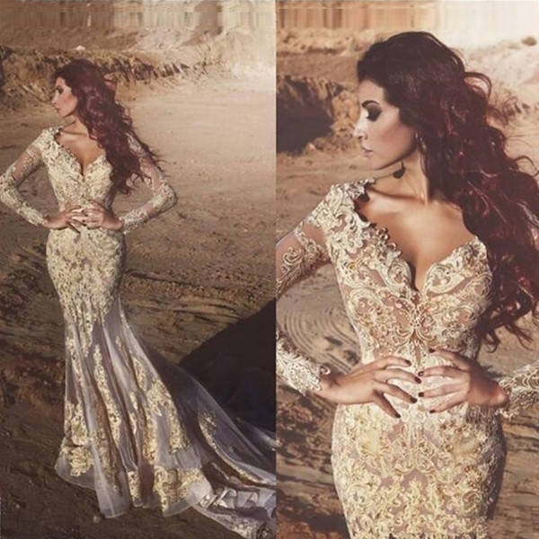 New Sexy Deep V Neck Mermaid Prom Dresses Long-Sleeves Lace Appliques Formal Dresses Evening Wear Arabic Party Gowns