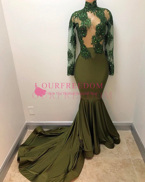 Black Girls Long Sleeve Prom Dresses High Neck Mermaid Illusion Lace Appliques South Africa Formal Evening Occasion Party Dresses