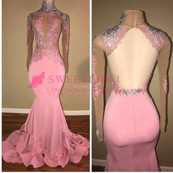 Black Girls Pink Long Sleeve Prom Dresses Illusion Sexy Backless Appliques Mermaid South Africa Style Formal Evening Dresses