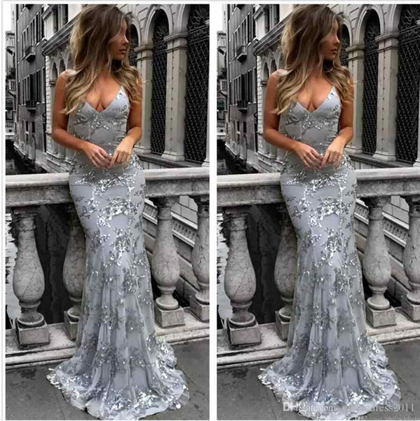 New Silver Halter Mermaid Long Prom Dresses with Sequins Lace Backless Cross Back Floor Length Party Evening Gowns