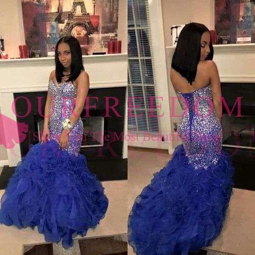 Black Girls Royal Blue Prom Dresses Sweetheart Neck Shining Beaded Crystal Mermaid Ruffles Skirts Lace Up 2k 17 19 Formal Evening Dress