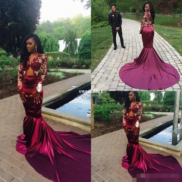 2016 Burgundy Long Sleeves Lace Mermaid Prom Dresses Sexy Backless Court Train Sheer Evening Dresses Vestiods Formal Women Pageant Gowns