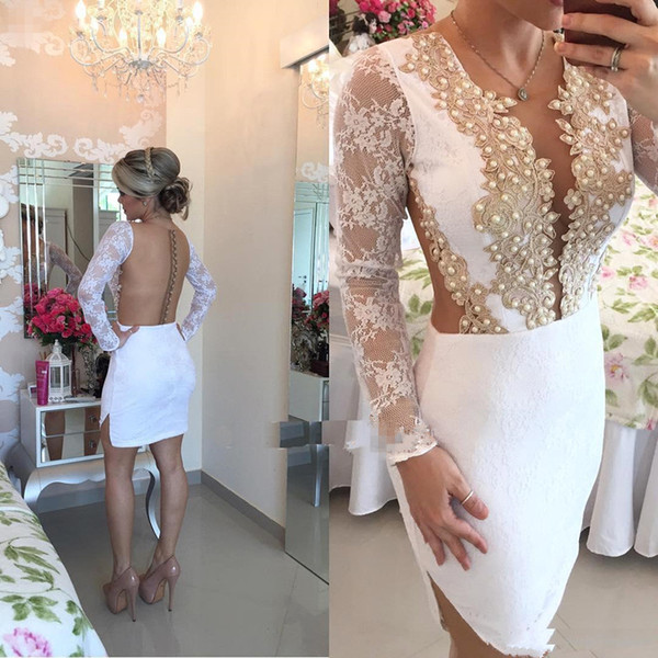 Lace Short prom Dress Sheer Back Button Long Sleeve Bride Banquet Party dresses Homecoming Dress Robe De Soiree party gowns