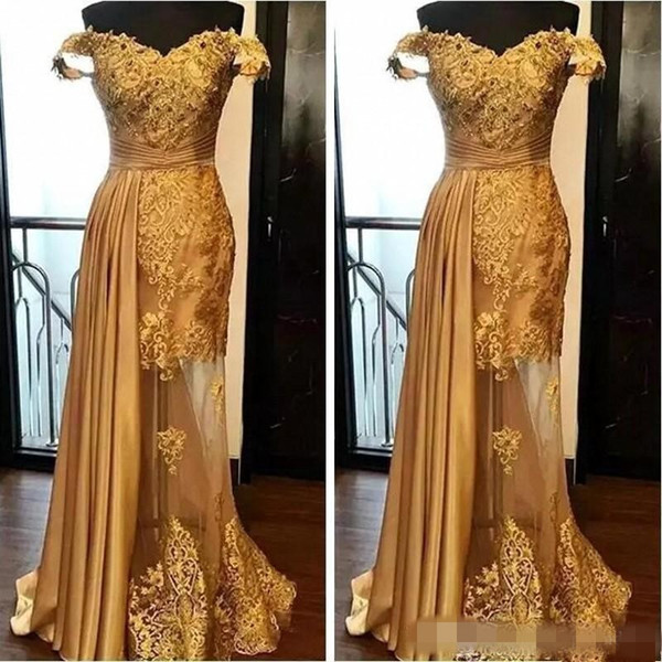 Gold Off Shoulder Prom Dresses Lace Appliques See Through Evening Gowns Ruffles Satin Formal Party Dress