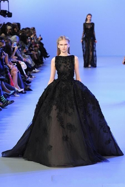 Elie Saab Black Prom Dresses Ball Gown Tulle Appliques Lace Celebrity Luxury Party Gowns For Women Formal Dress Custom Made In China