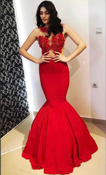 Red Mermaid Glamorous Crew Sleeveless Appliques Prom Gowns Sleeveless Floor Length Custom Made Wedding Party Gown Cheap