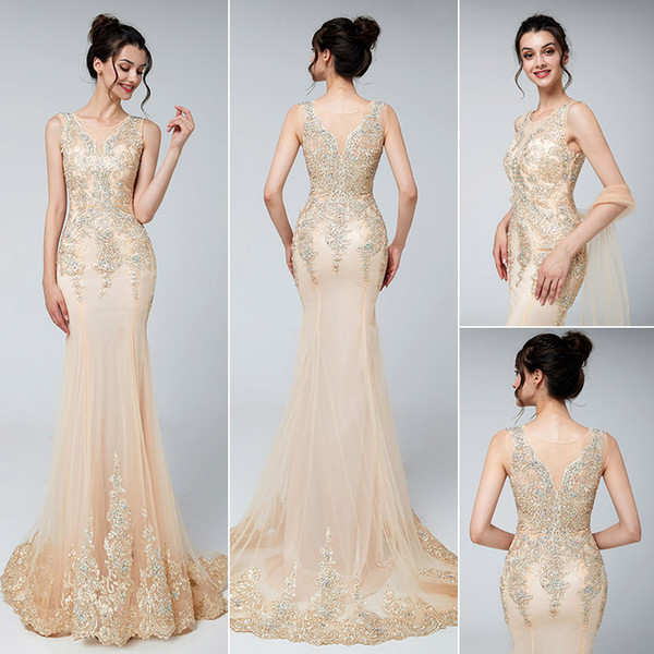 Luxury Ladies Long Champagne Beading Illusion Crastal Mermaid Sleeveless Evening Dresses New Sexy Sweep Train Prom Dress Party Gowns