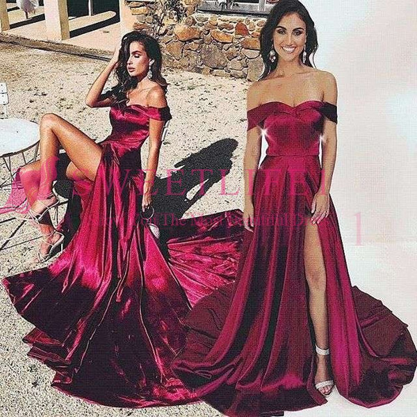 Dark Red Elastic Silk Like Satin Prom Dresses Off The Shoulder Sexy Side Split Formal Evening Occasion Prom Party Dresses Custom Made