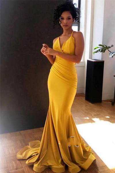 Yellow Spaghetti-Straps Mermaid Prom Dress Cheap Ruffle V-Neck Sleeveless Floor Length Evening Gown Plus Size