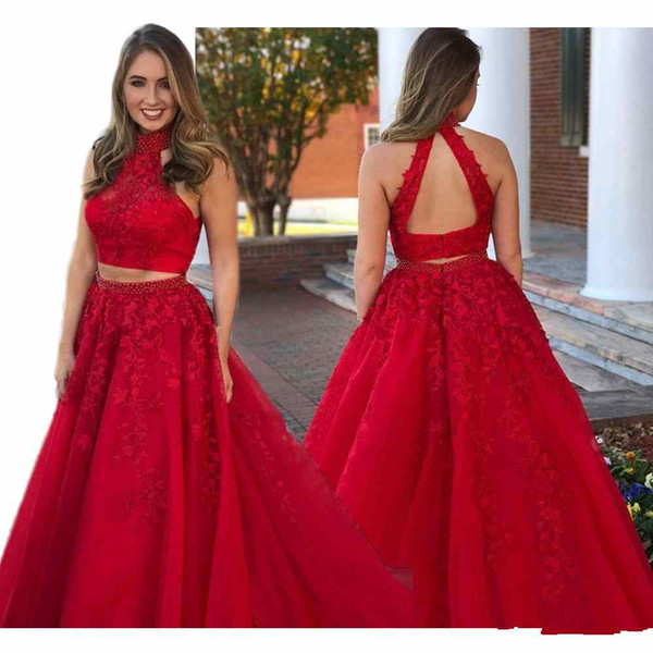 Charming Two Piece Prom Dresses bling beaded high Neck keyhole back Appliques lace puffy tulle plus size Evening Gowns Formal Dresses wear