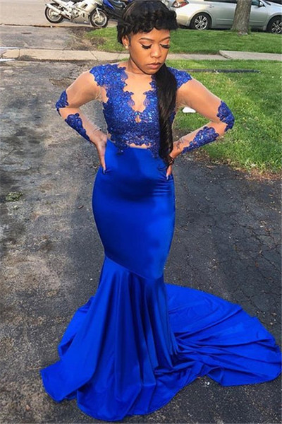 Royal Blue Long-Sleeves Mermaid Prom Gown Lace Appliques Sheer Tulle Floor Length Cheap Evening Gown Plus Size