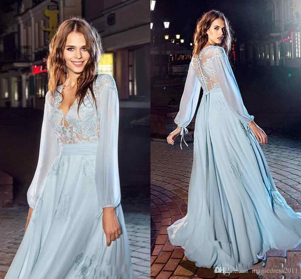 cheap elegant Light Sky Blue Prom Dresses A Line Long poet Sleeves Lace Chiffon Evening Party Wear V-Neck