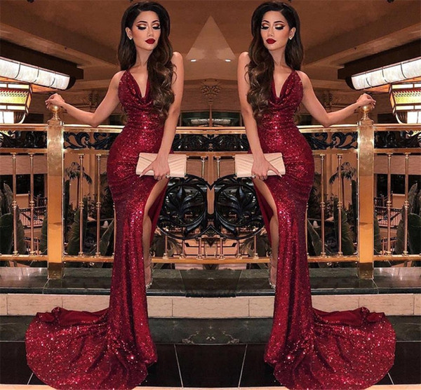 Burgundy V Neck Sequins Mermaid Prom Dresses Sexy High Slits Vestidos De Fiesta Sweep Train Formal Long Evening Party Prom Gowns BC0866