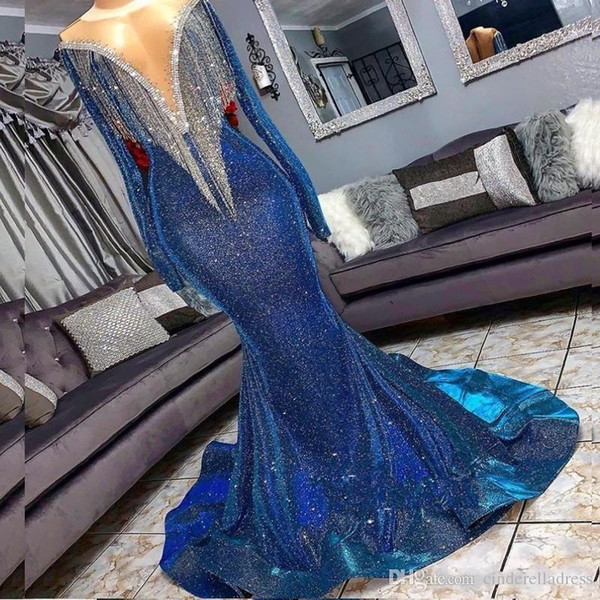 Sequins Mermaid Prom Reflective Dresses Beads Sheer Neck Long Sleeves Mermaid Evening Gowns With Tassels Sweep Train Formal Party Dress