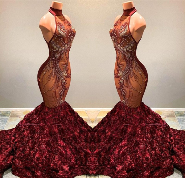 Gorgeous Burgundy Mermaid Prom Dresses High Neck Lace Appliqued Ruffled Flowers Pageant Party Gowns Vestidos BC1181