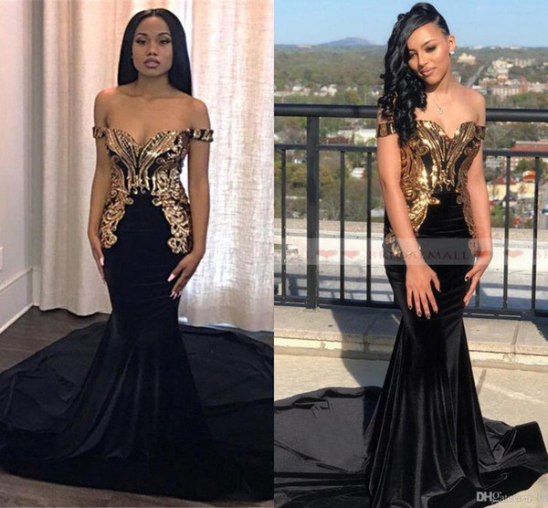 Elegant Black Gold Metal Appliqued Mermaid Prom Dresses Off The Shoulder Black Girls Formal Party Evening Gowns BC0986