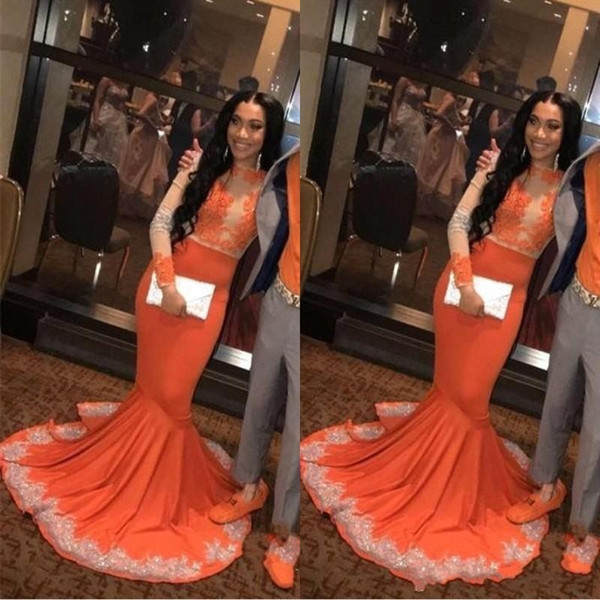 Sexy African Arabic Black Girls Mermaid Orange Prom Dresses Long Sleeve Lace Applieque Plus Size Couple plus Size Evening Gowns BC0902