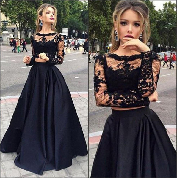 Hot Sale Black Cheap Two Pieces Prom Dresses Sheer Long Sleeves Lace Top Satin A line Floor Length Evening Party Dresses