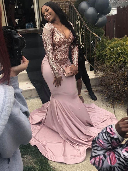 Plus Size Long Sleeve Mermaid Prom Dresses New Sequined Deep V Neck Sweep Strain Illusion Formal Evening Dress Party Gowns Vestidos